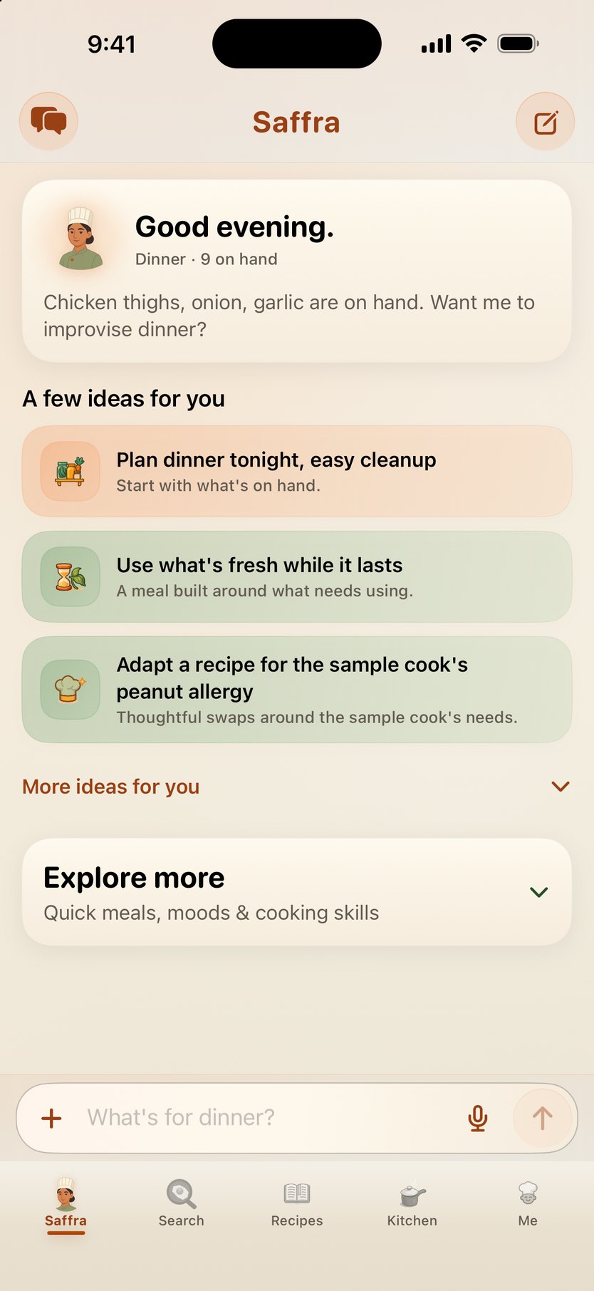 The Saffra tab — an evening greeting, what's on hand, and a few ideas to start from