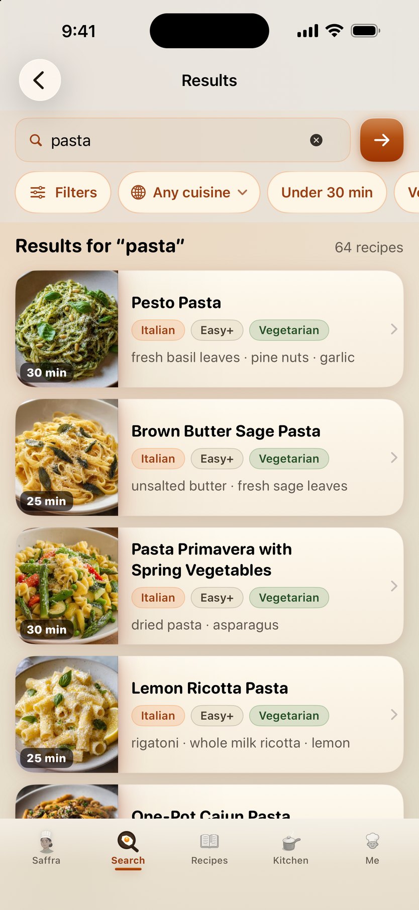 Search — 64 results for "pasta", with Filters, cuisine and Under 30 min chips above the list