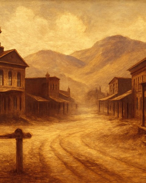 Dust at Coltspur — a frontier mining town at dusk, painted cover