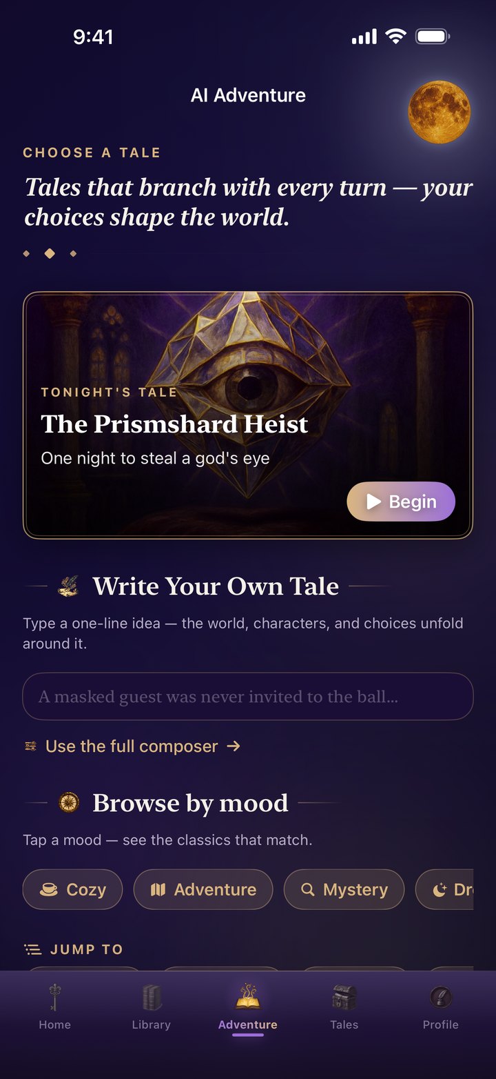 AI Adventure picker in dark mode — Tonight's Tale: The Prismshard Heist under a full moon, Write Your Own Tale, and Browse by mood