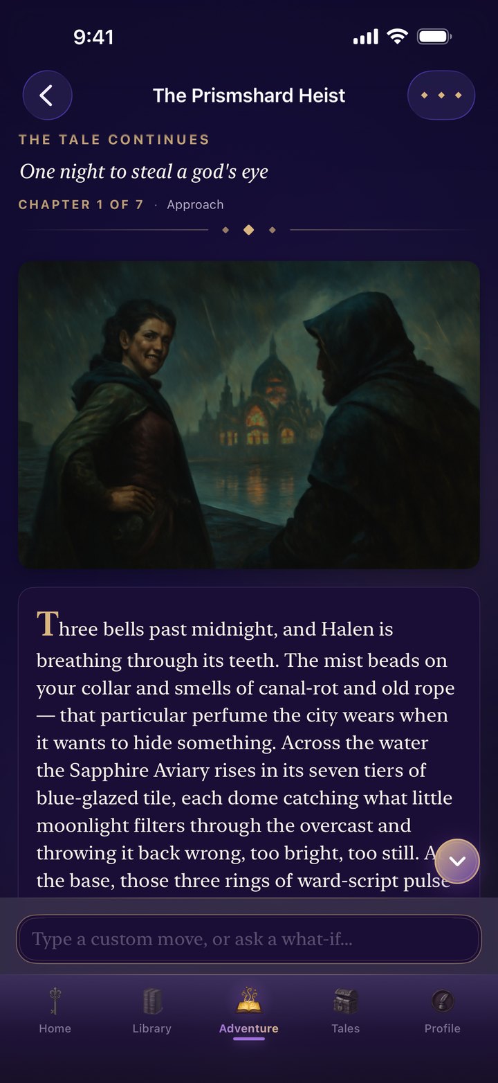 A live AI Adventure turn — The Prismshard Heist in dark mode, a painted scene above the story text and a 'Type a custom move' box