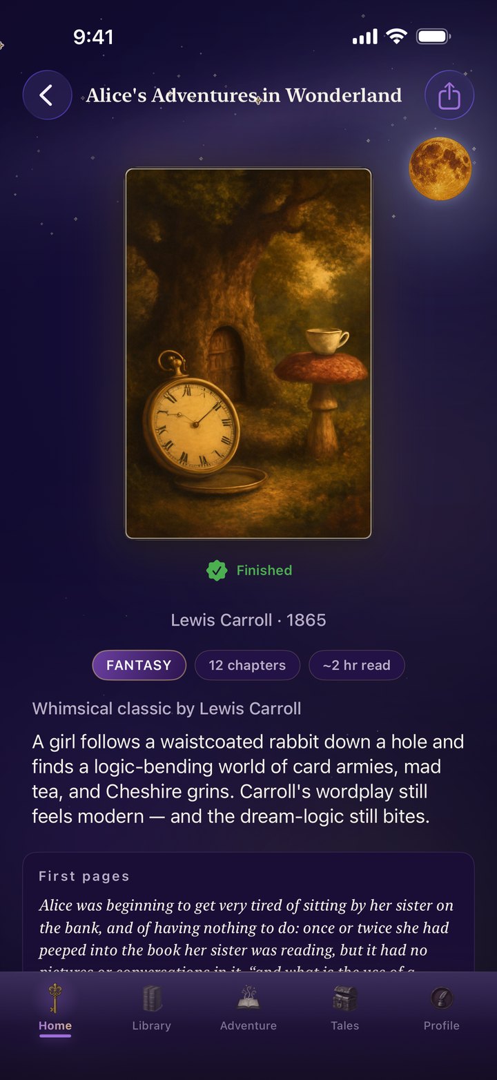 Alice in Wonderland book detail in dark mode — painted cover, Fantasy tag, chapters, and first-pages preview