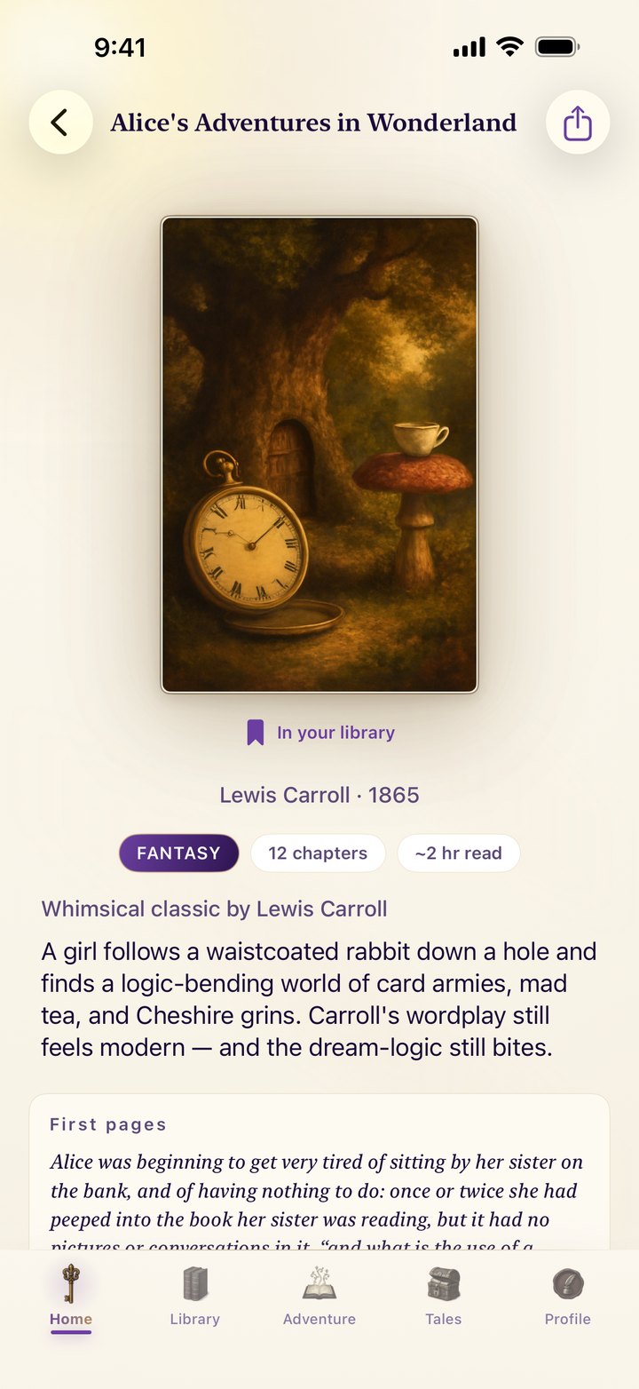 Alice in Wonderland book detail — painted cover, Fantasy tag, 12 chapters, editorial blurb, and a first-pages preview