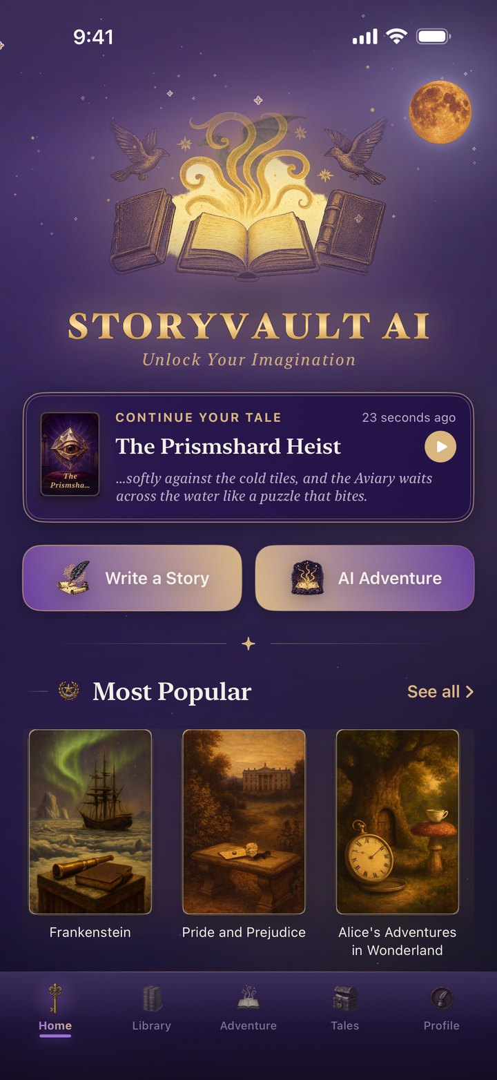 StoryVault AI home in dark mode — the same literary home by night