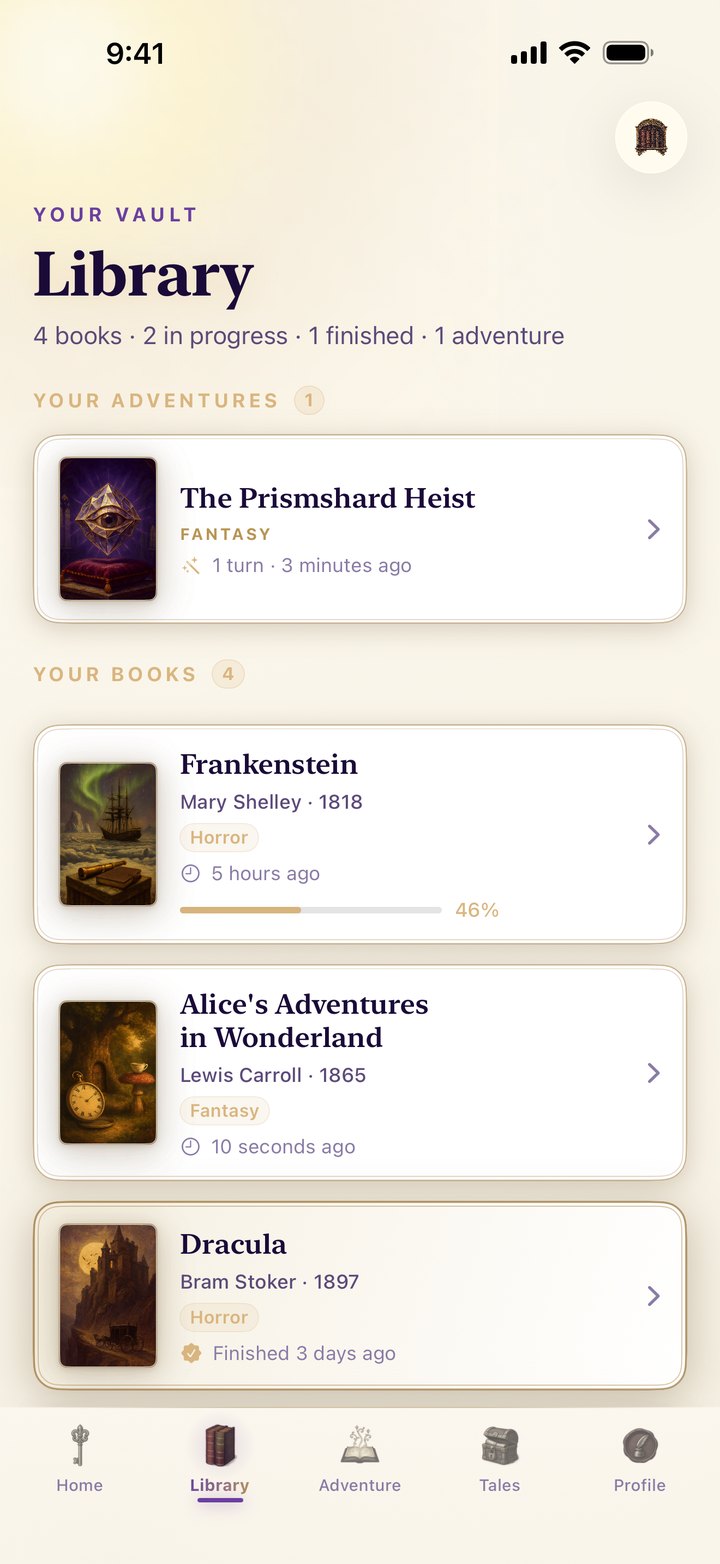 Your Vault library in light mode — the Prismshard Heist adventure beside Alice, Dracula, and Frankenstein
