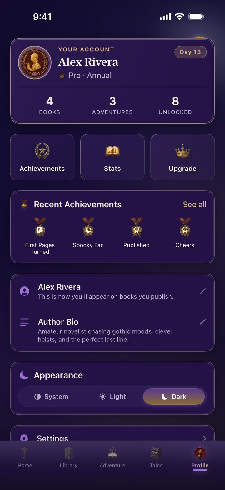Profile in dark mode — books, adventures, and unlocks at a glance, recent achievements, and appearance themes