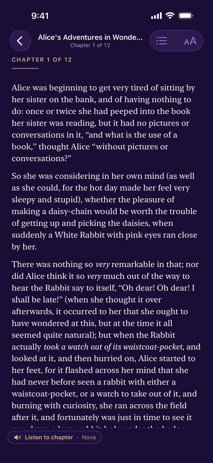 The reader in dark mode — Alice in Wonderland in a clean night-reading view