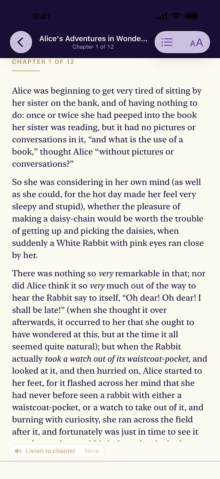 The reader — Alice in Wonderland open to Chapter 1 in a clean, minimal reading view with chapter narration