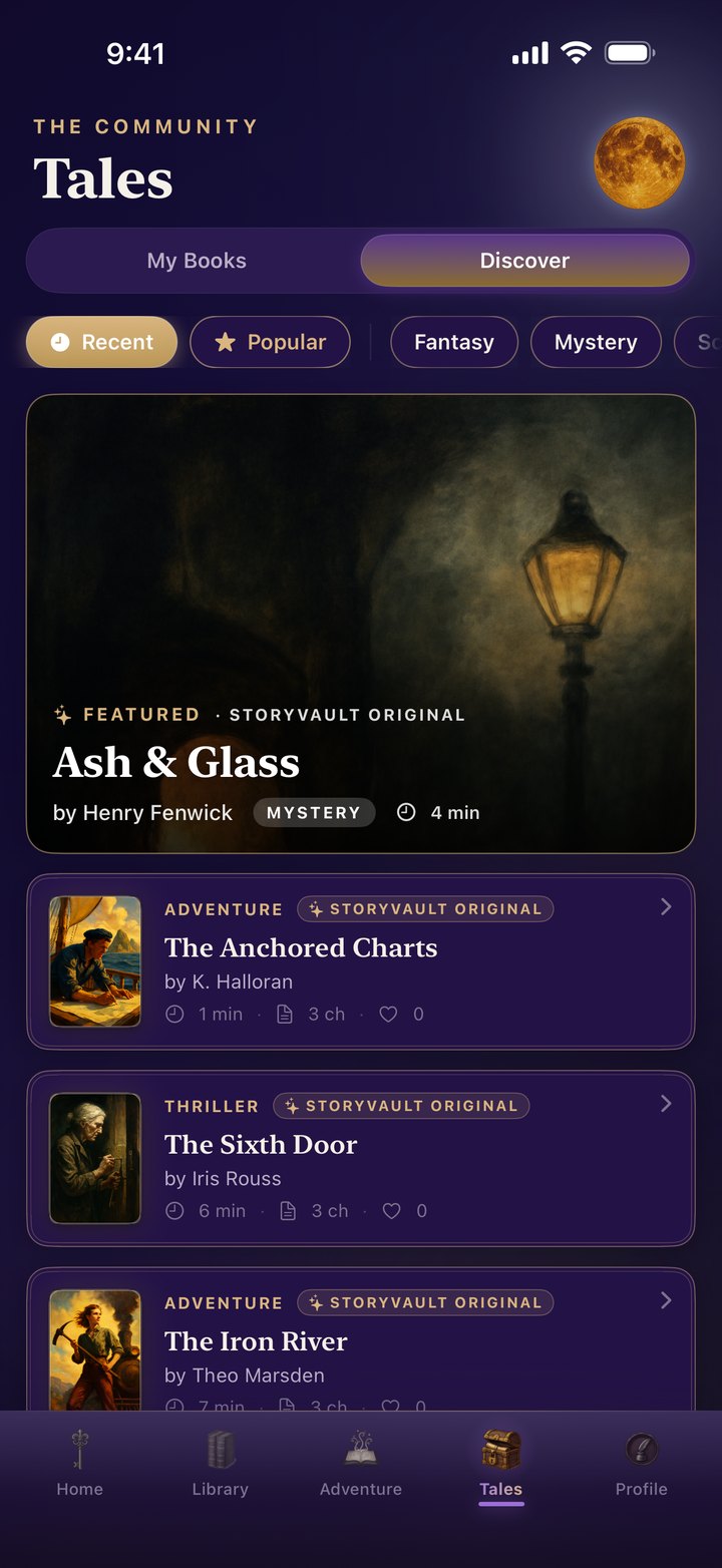 Tales in dark mode — community Discover feed with featured StoryVault Originals like Ash & Glass and The Anchored Charts