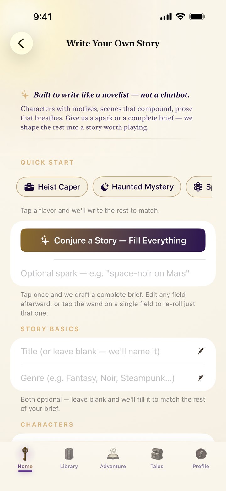 Write Your Own Story composer in light mode — quick-start flavors and Conjure a Story