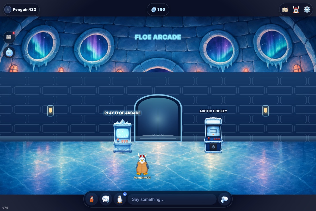 Inside the Floe Arcade: a penguin in a horned helmet standing on the pale ice floor between two lit cabinets, the left one captioned PLAY FLOE ARCADE and the right one ARCTIC HOCKEY, a stone archway between them, and four round porthole windows showing the aurora across the blue ice wall above