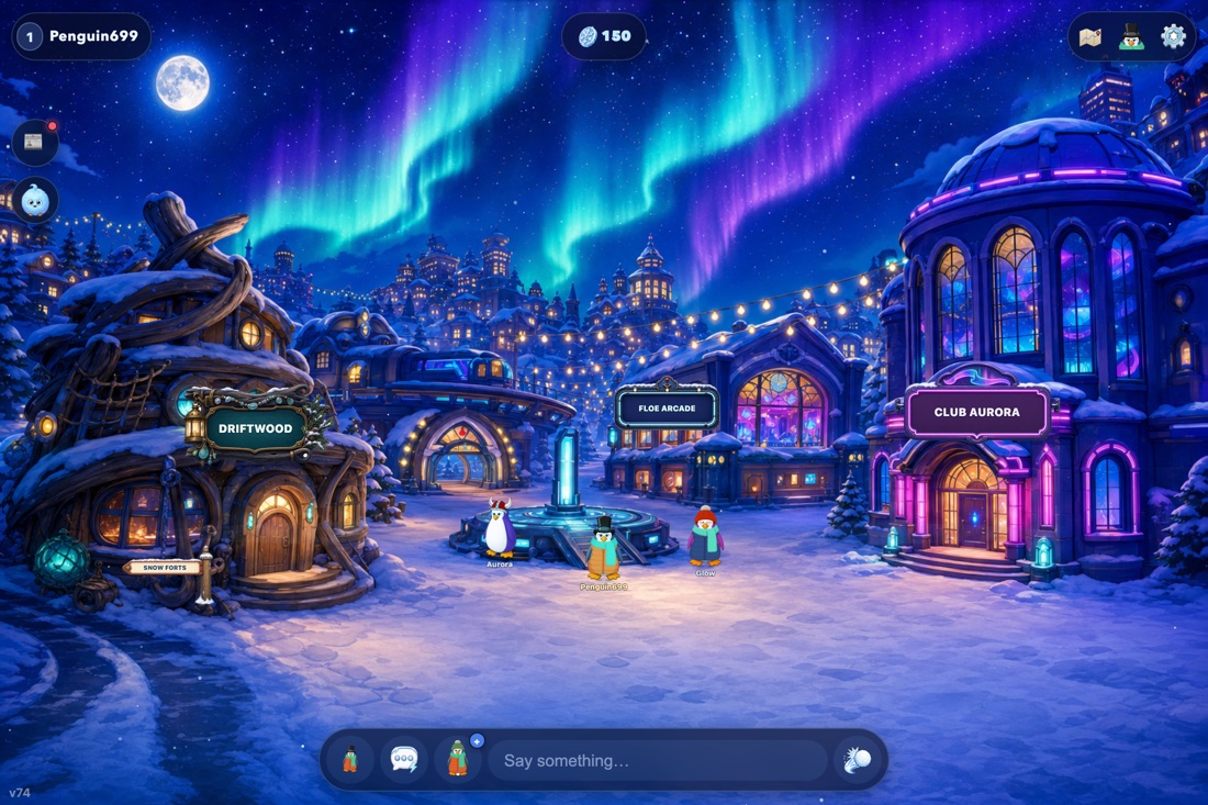 Aurora City in play: three penguins by a glowing pillar in a neon-lit night square, a driftwood-timbered building signed DRIFTWOOD on the left, a venue signed FLOE ARCADE in the middle and a domed hall edged in pink neon signed CLUB AURORA on the right, strung lights overhead