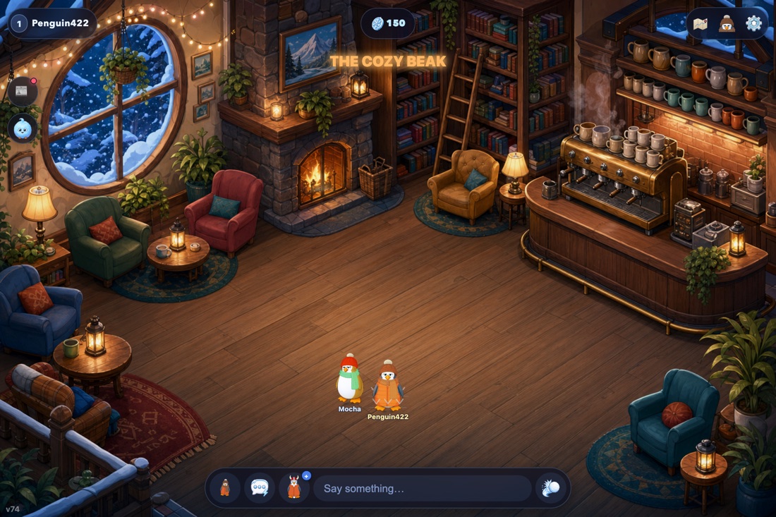 Inside the Cozy Beak coffee house: two penguins standing on the wooden floor, deep armchairs in green, red, blue and mustard around little round tables and patterned rugs, a stone fireplace burning under a framed mountain painting, tall bookshelves with a sliding ladder, and a brass espresso machine steaming on a counter lined with mugs