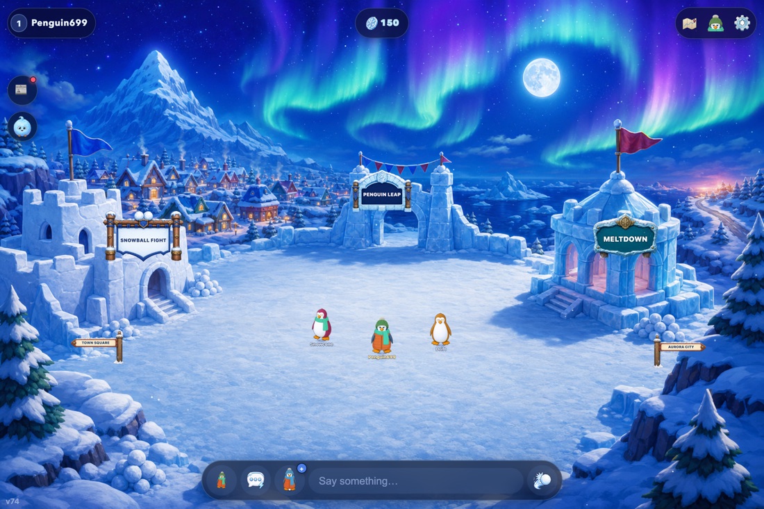 Snow Forts in play: three penguins in the middle of an open snow arena, a turreted fort with a blue flag signed SNOWBALL FIGHT on the left, a bunting-strung archway signed PENGUIN LEAP in the middle, and a domed ice pavilion signed MELTDOWN on the right