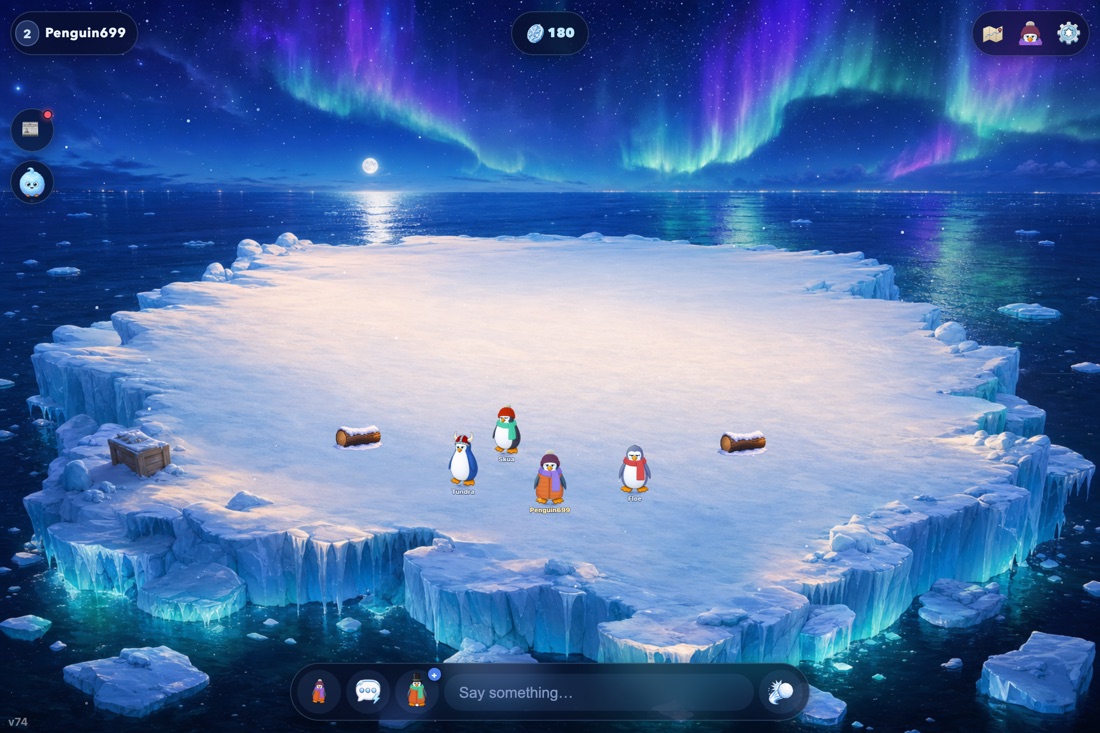 Five penguins standing together on the wide snowy plateau of a flat-topped floe, two driftwood logs and a wooden crate beside them, ice cliffs glowing turquoise where they meet the dark ocean, and the moon and a green-and-violet aurora behind