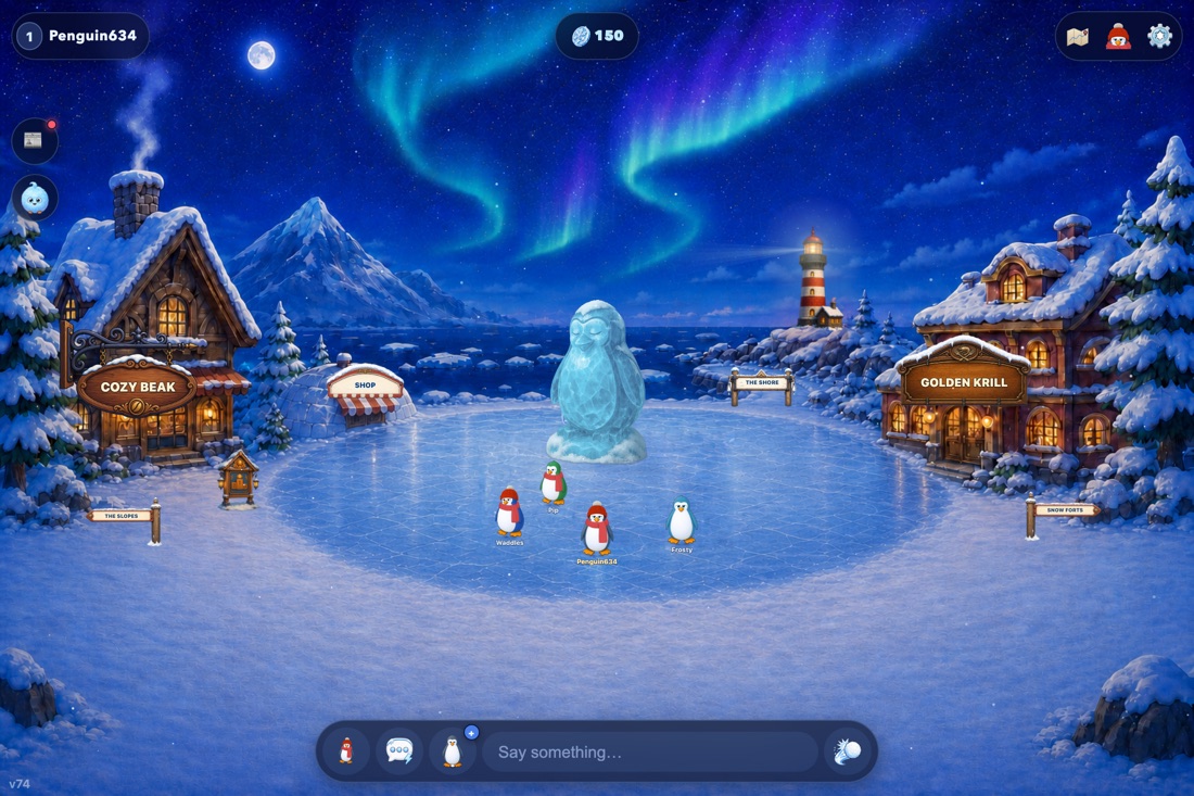 Waddleton's Town Square in play: four penguins, two of them in beanies and red scarves, standing on the oval ice rink under a green-and-violet aurora, a glowing ice sculpture of a penguin behind them, lit signs reading COZY BEAK, SHOP and GOLDEN KRILL on the buildings around the square, wooden signposts pointing to the Slopes, the Shore and Snow Forts, and the game's own chat bar along the bottom of the screen