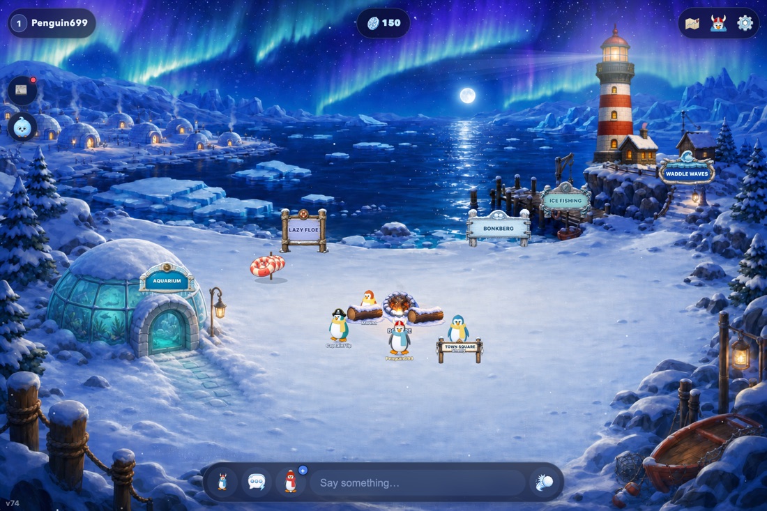 The Shore in play: five penguins standing together on the snow, a glass-domed aquarium glowing turquoise on the left, painted signs reading AQUARIUM, LAZY FLOE, BONKBERG, ICE FISHING and WADDLE WAVES around the bay, a red-and-white lighthouse and a moonlit sea of drifting ice behind