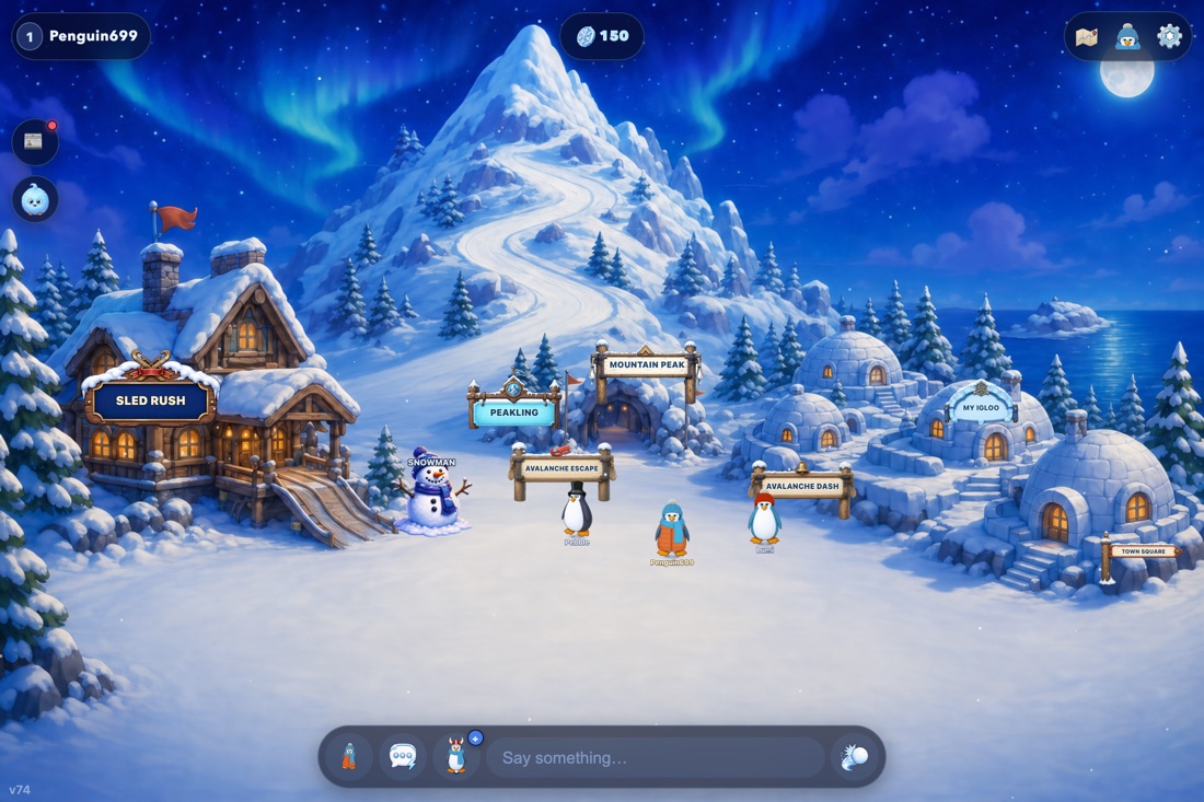 The Slopes in play: three penguins on the snow below a peak with a trail winding to the summit, painted signs reading SLED RUSH, PEAKLING, AVALANCHE ESCAPE, AVALANCHE DASH, MOUNTAIN PEAK and MY IGLOO, a timber lodge with a sled ramp on the left and a cluster of lit igloos on the right