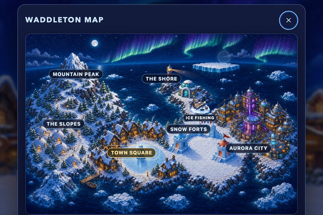 Waddleton's map panel open in the game, headed WADDLETON MAP: a painted arctic island at night under a green-and-violet aurora, with labelled pins for Mountain Peak, The Slopes, Town Square, The Shore, Ice Fishing, Snow Forts and Aurora City — Town Square picked out in gold — and one flat floe out on the water carrying no label at all