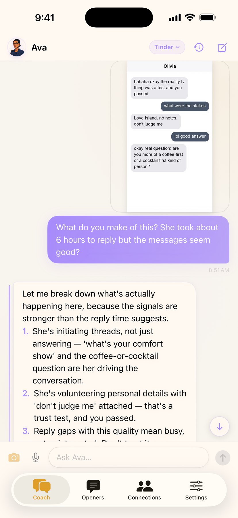 Ava reading the same pasted conversation screenshot in light mode — the same numbered breakdown of who is driving the thread and what the reply gap means
