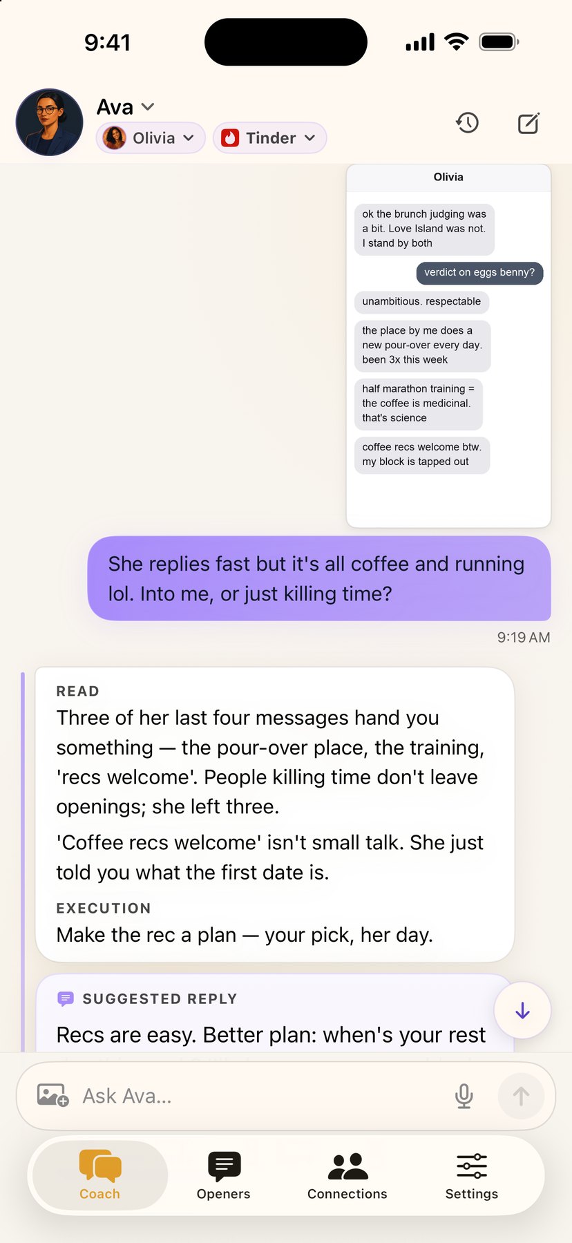 Ava reading the same pasted conversation screenshot in light mode — the same READ on the openings Olivia left and what to do with them