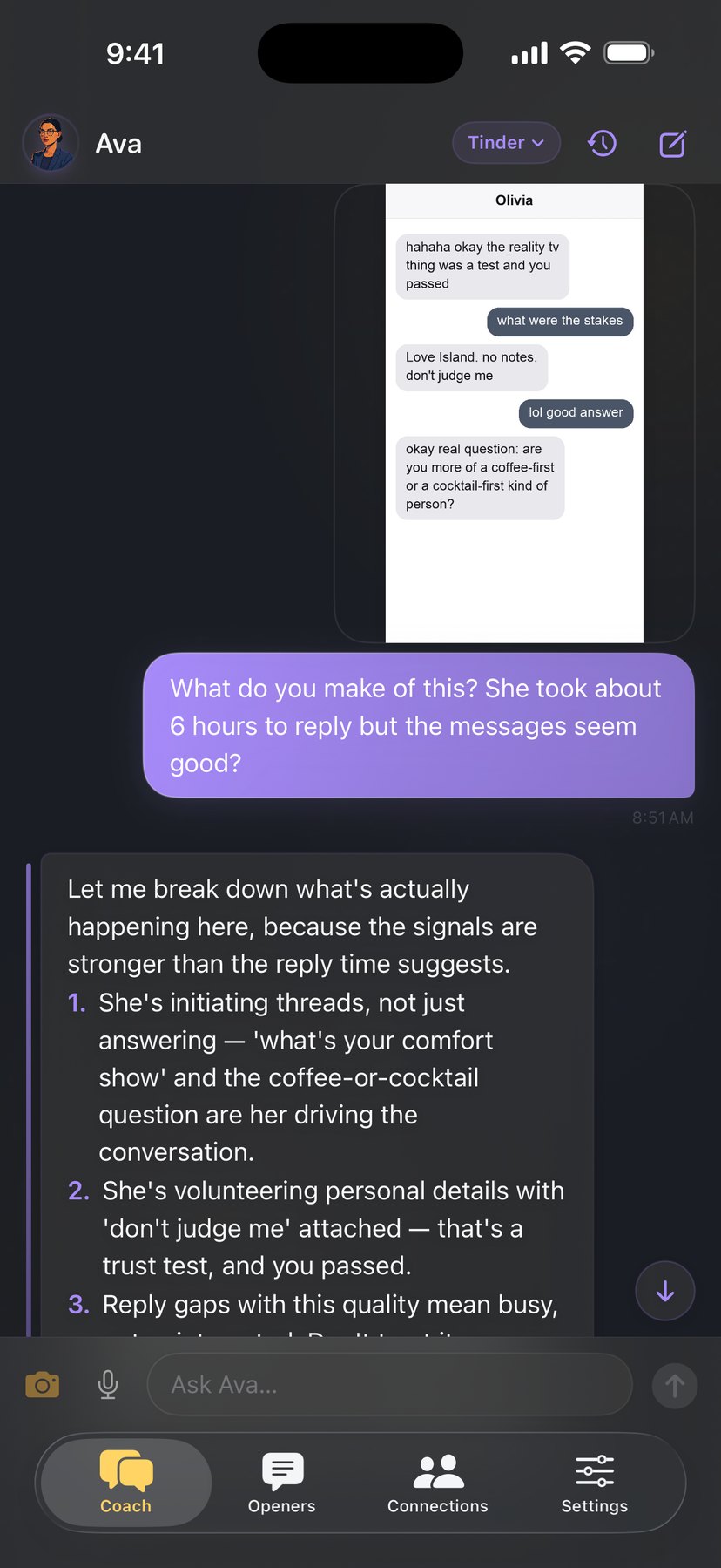 Drop a screenshot of the conversation and Ava breaks down the signals — who's driving the thread and what the reply gap really means.