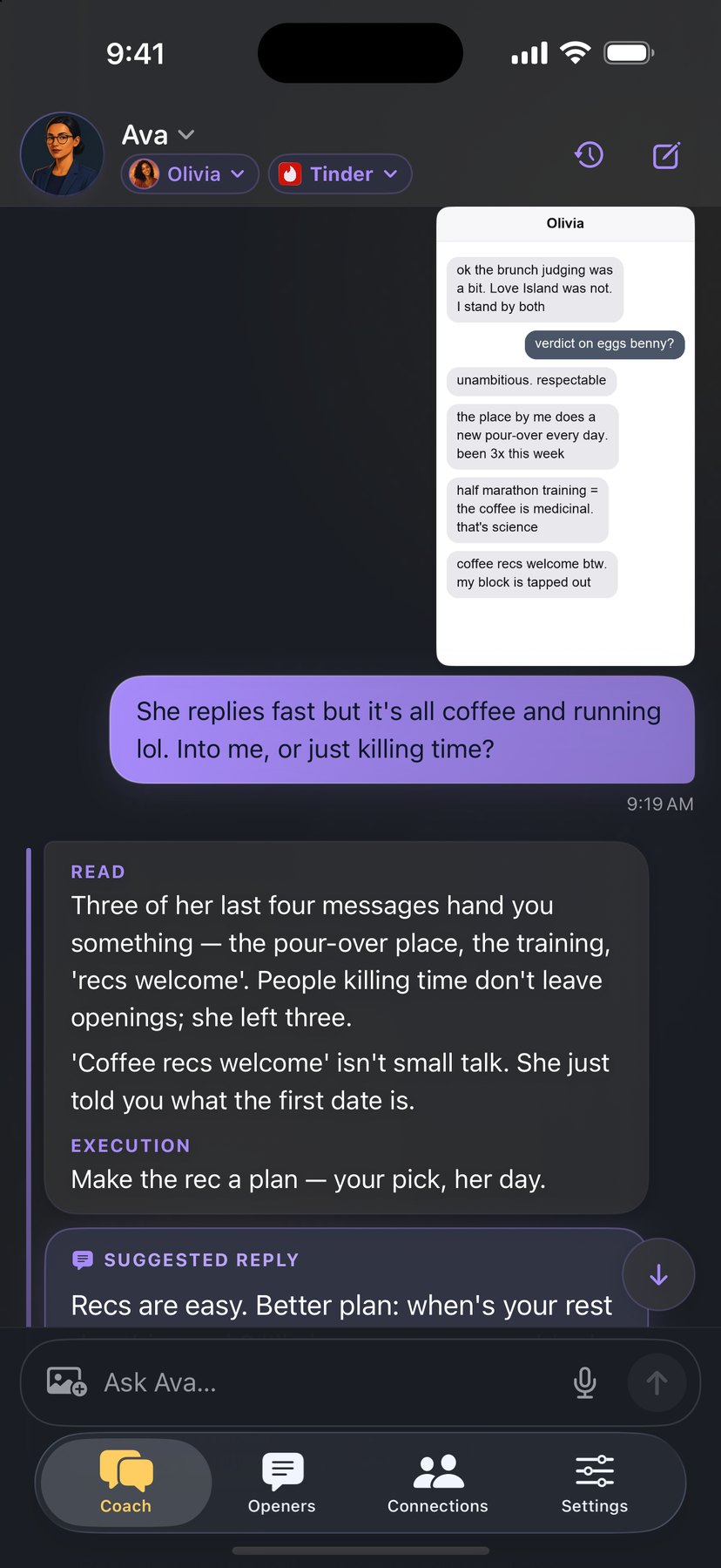 Ava reading a pasted conversation screenshot in dark mode — a READ on the openings Olivia left and what to do with them