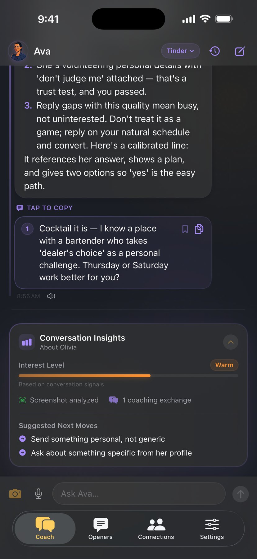 Ava analyzes a shared screenshot — interest level, next moves, and a calibrated line to send