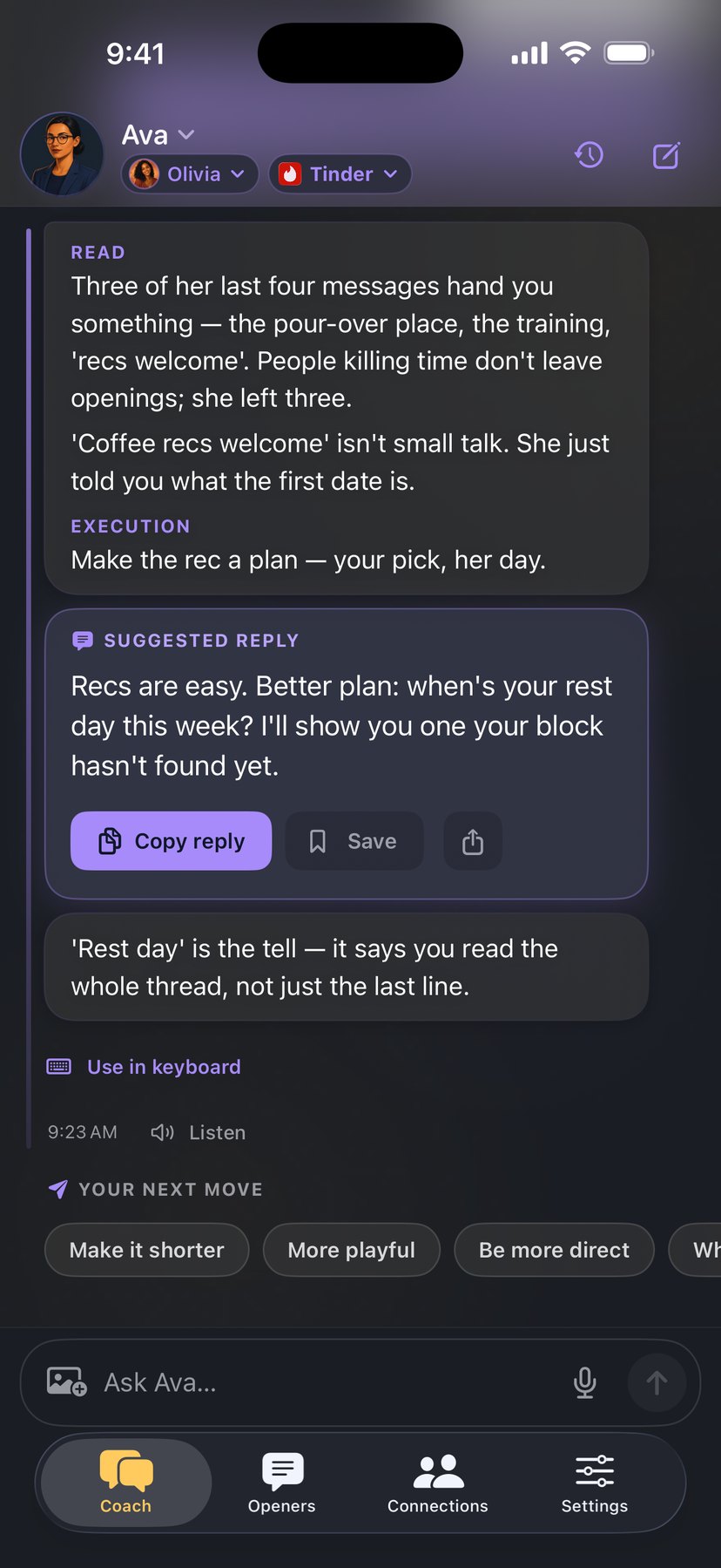 Ava's read of a shared screenshot — READ and EXECUTION notes, a suggested reply to copy, and next-move chips