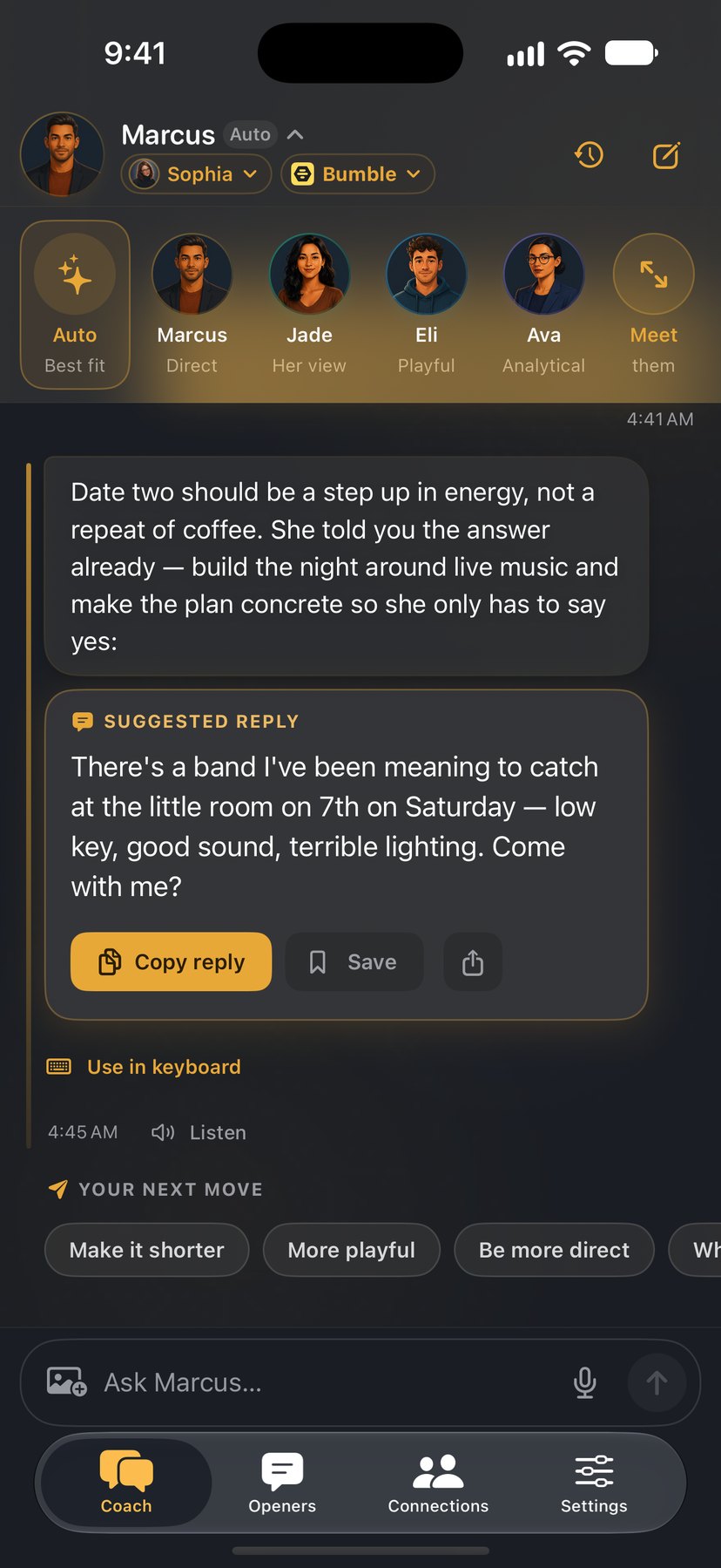 Marcus on Sophia’s Bumble thread, with the coach strip showing Auto, Marcus, Jade, Eli and Ava: date two should be a step up from coffee, so he suggests a reply to copy — a band at the little room on 7th on Saturday — with Copy reply, Save, Share and Use in keyboard.