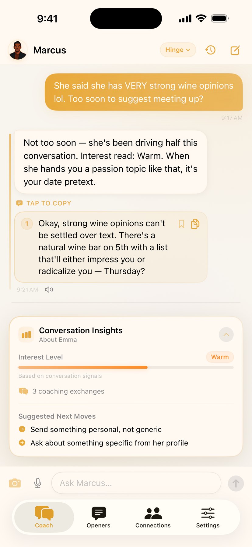 Coach chat with Marcus in light mode