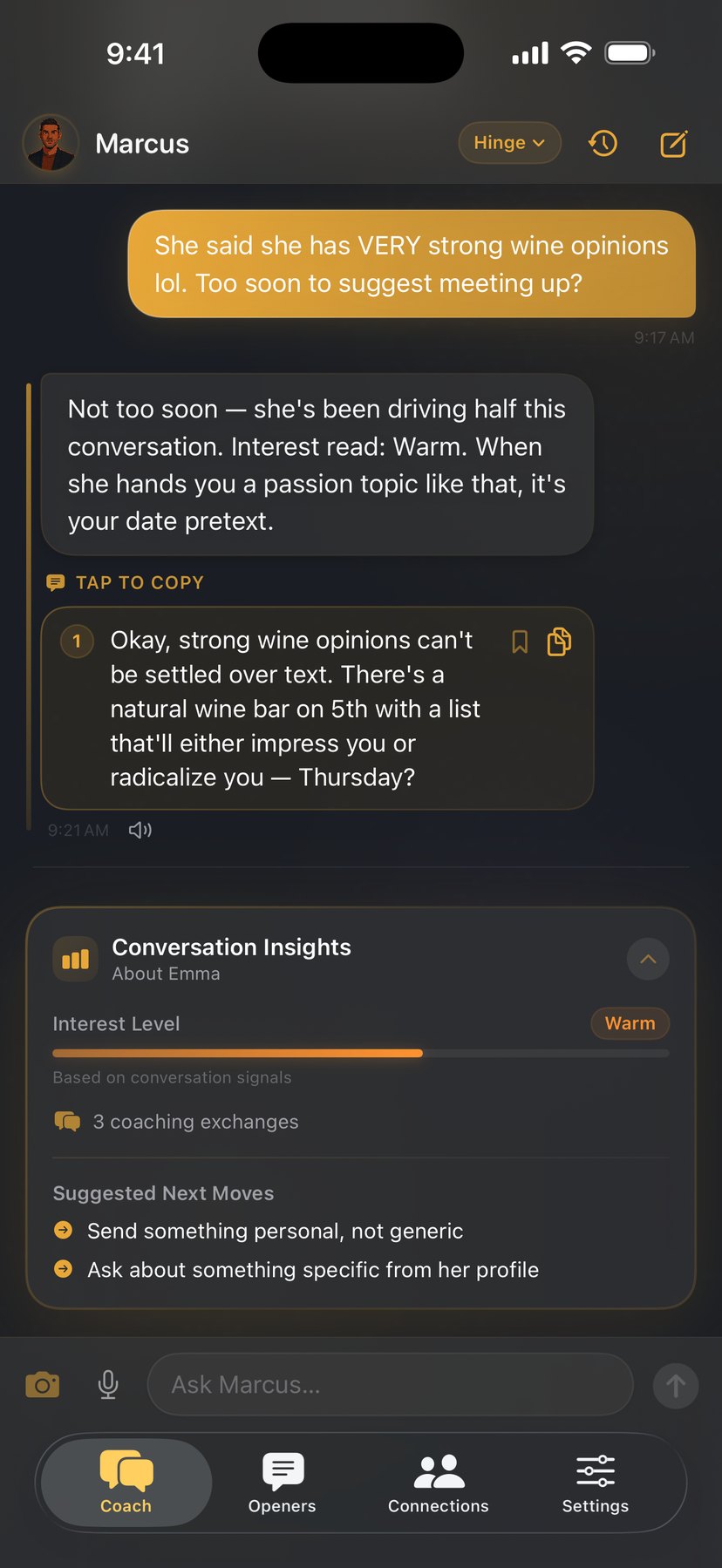 Wingmate chat — Marcus reads the Hinge thread with Emma and hands you a ready-to-send reply with a Warm interest-level read.