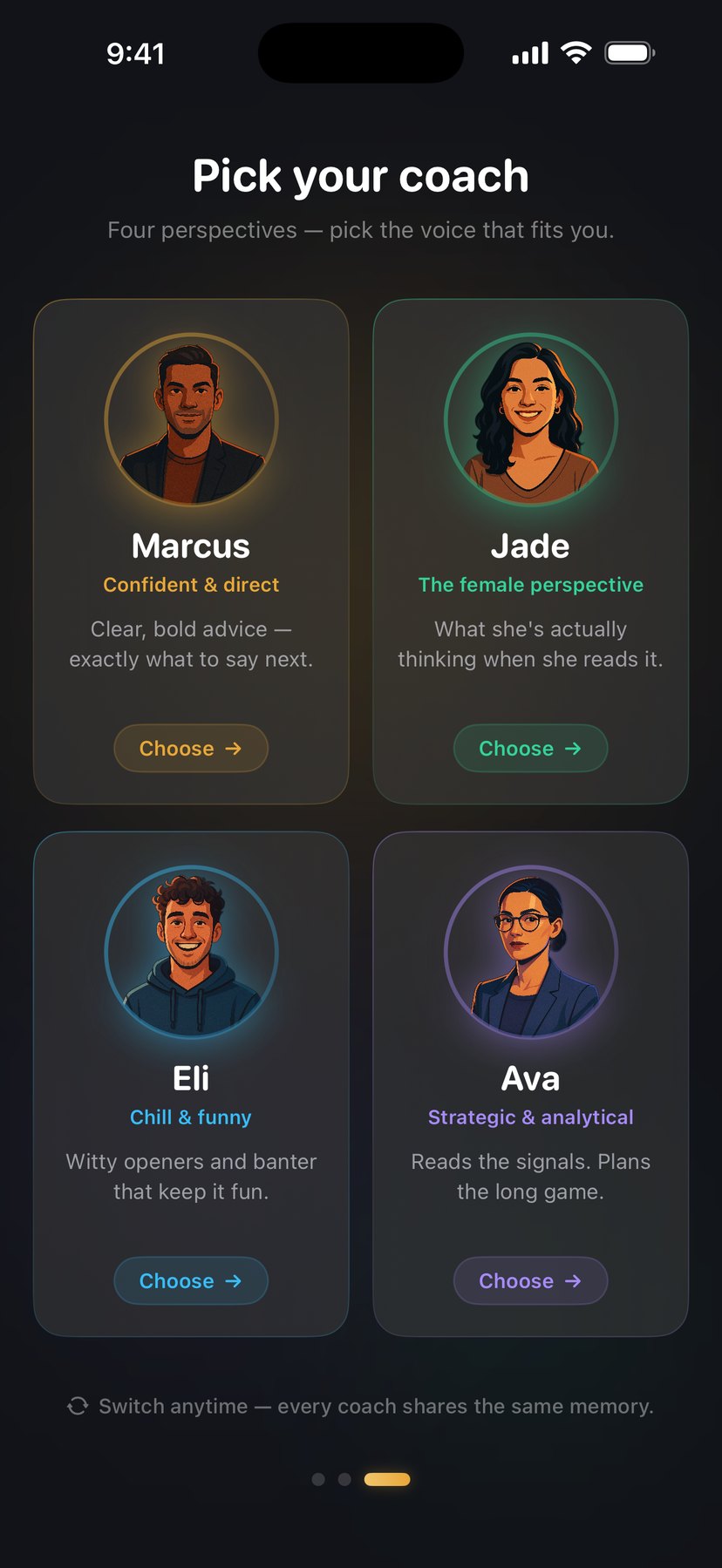 Four coaches — Marcus, Jade, Eli, and Ava — each with a different perspective on your situation.