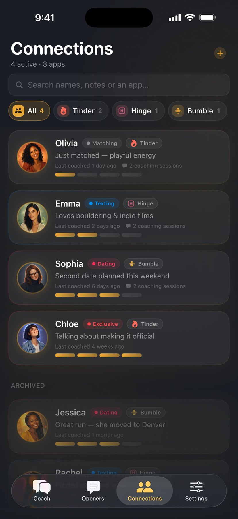 The Connections list — Olivia, Emma, Sophia, and Chloe with platform badges and stages from Matching to Exclusive, plus archived connections Jessica and Rachel faded at the bottom