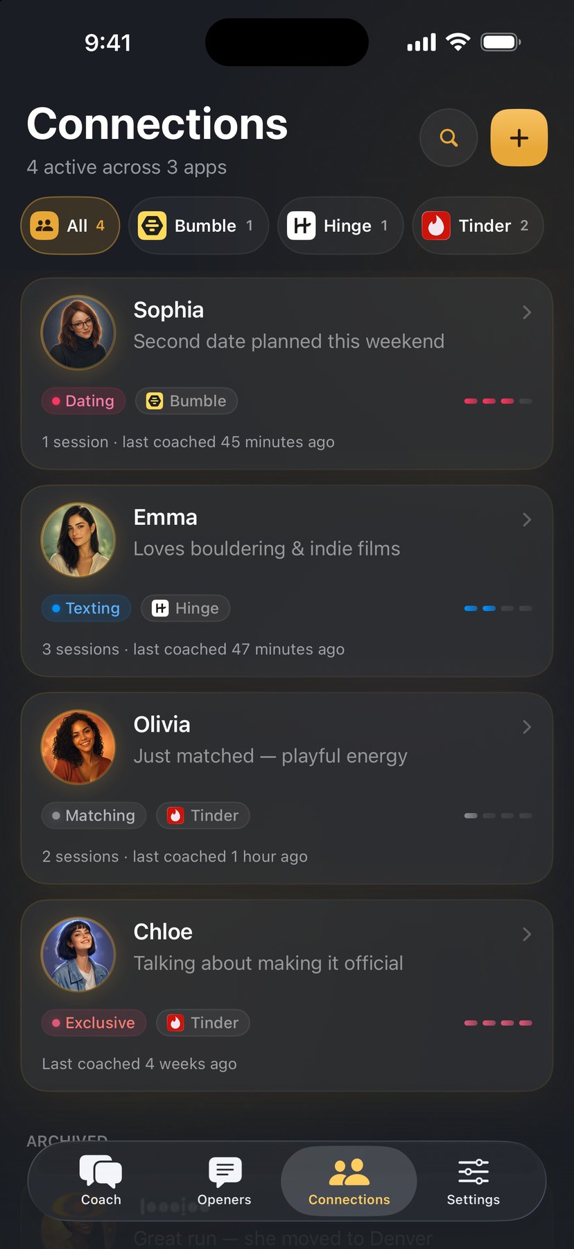 The Connections list — Sophia, Emma, Olivia, and Chloe with their apps and stages from Matching to Exclusive, plus an Archived section below