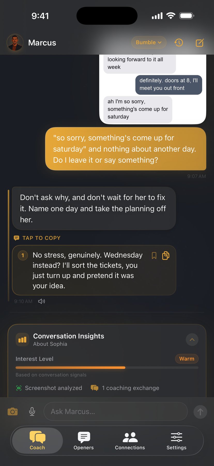 Coach home scoped to Sophia on Bumble in dark mode — quick actions like plan a date, read a screenshot, and what should I text back
