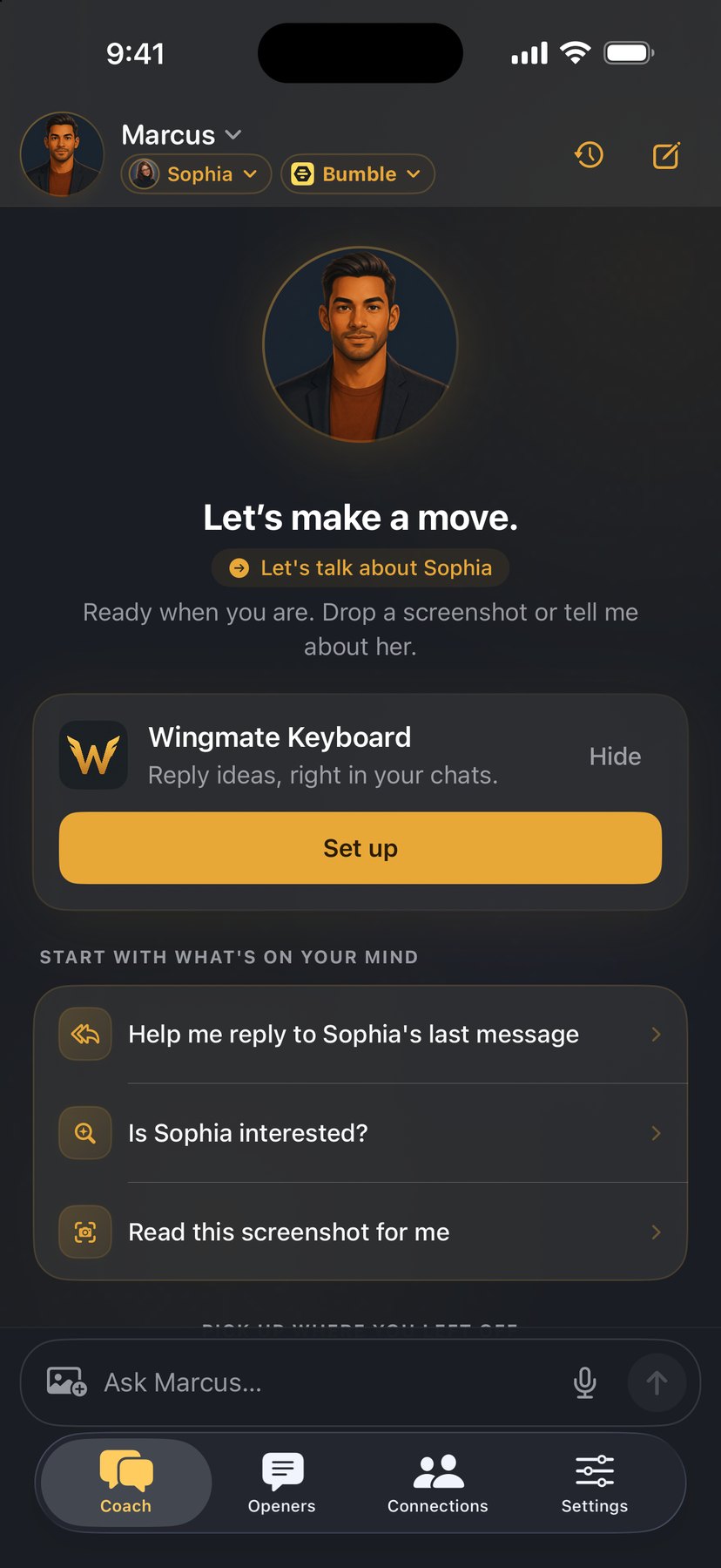 Coach home scoped to Sophia on Bumble in dark mode — a Wingmate Keyboard set-up card and starters like Help me reply to Sophia's last message, Is Sophia interested?, and Read this screenshot for me