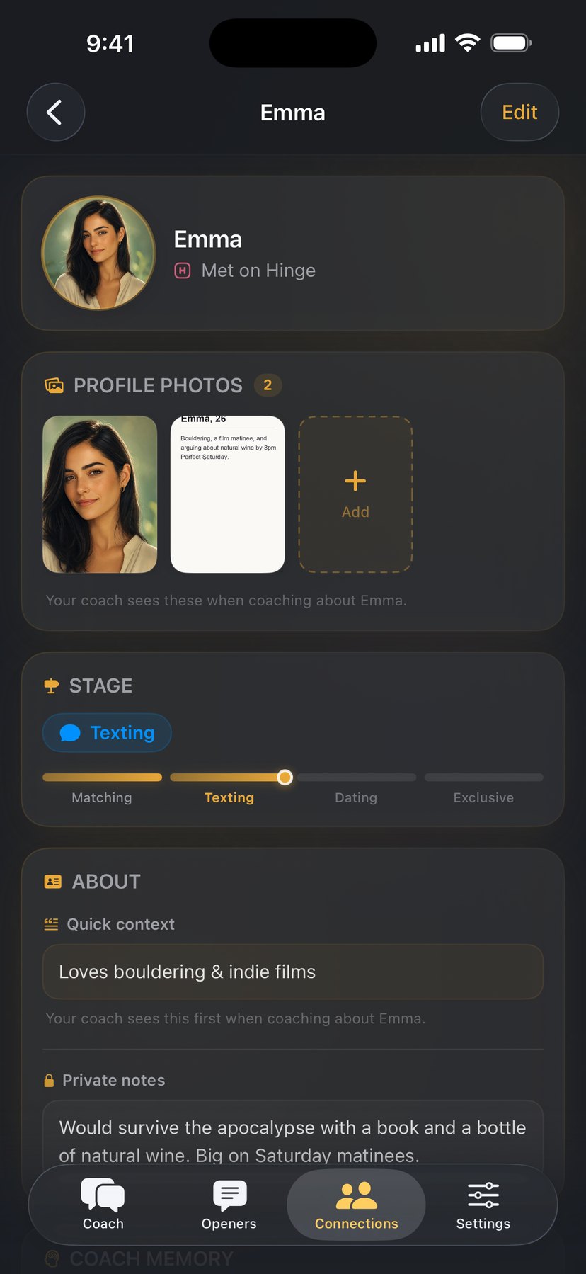Emma's connection profile — Hinge, photo gallery of her profile screenshots, Texting stage, quick context, and private notes