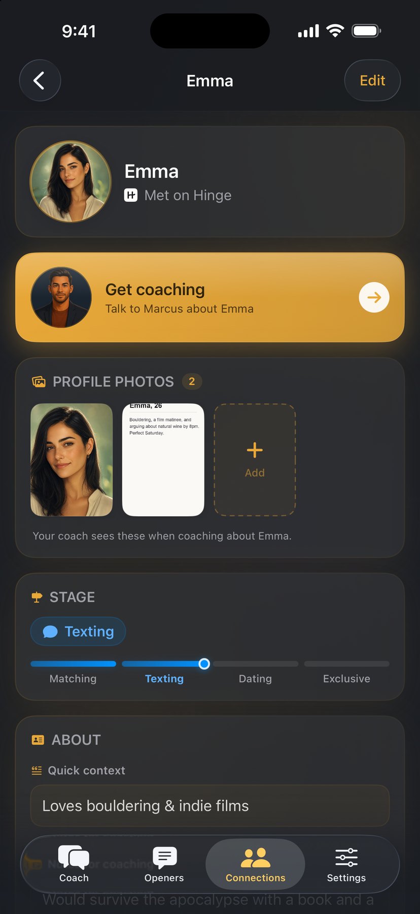 Emma's connection profile — met on Hinge, a Get coaching shortcut, her profile photos, the Texting stage, and quick context