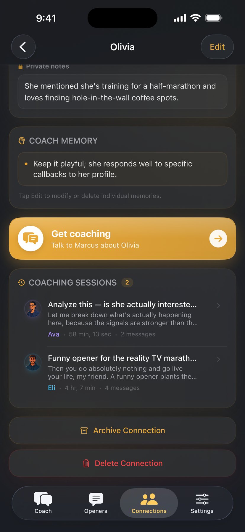Coach memory and coaching sessions on a connection — private notes, what the coach remembers, and past sessions in one place