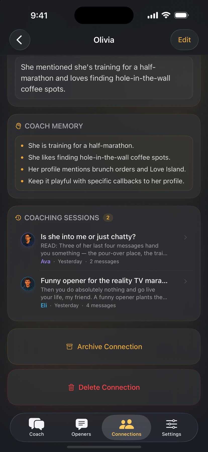 Coach memory and coaching sessions on a connection — private notes, what the coach remembers, and past sessions in one place
