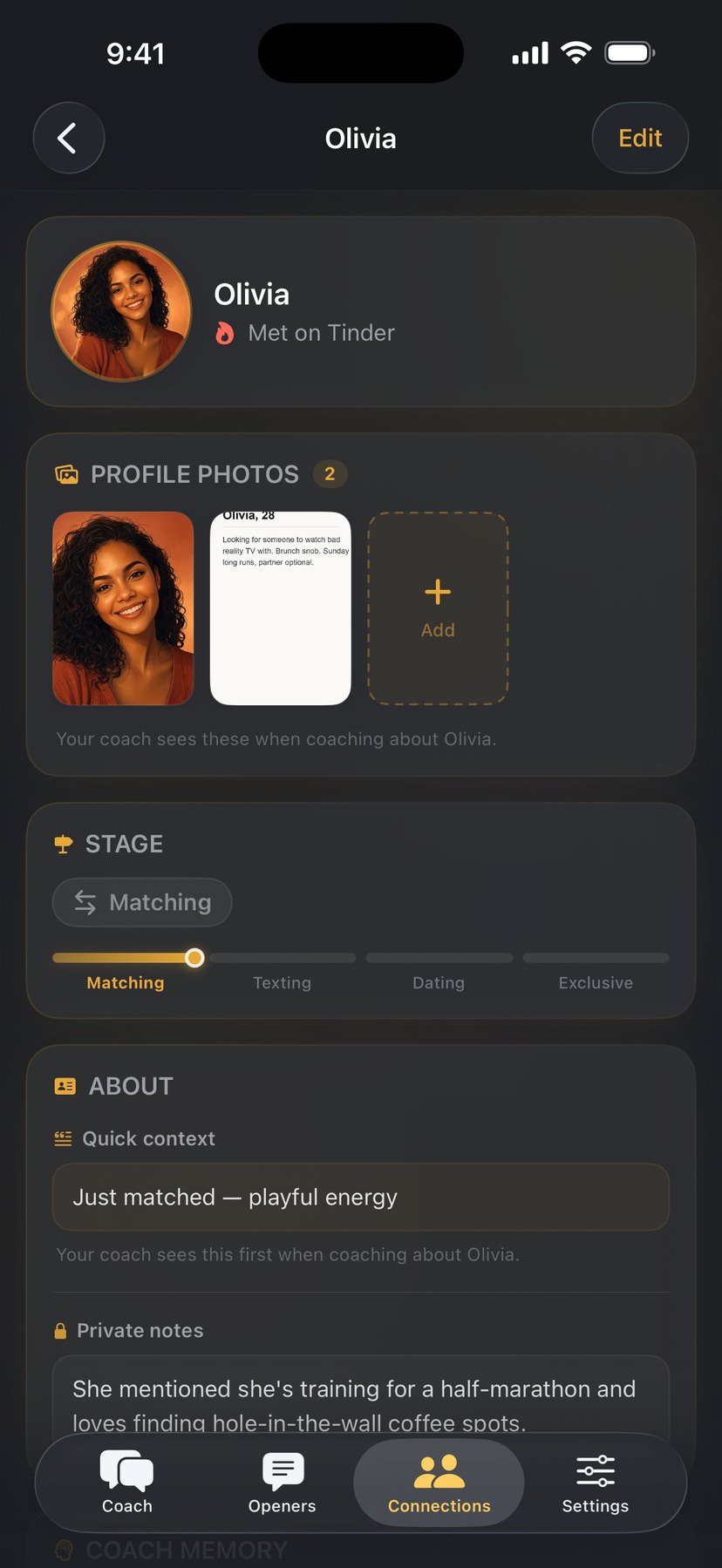 A connection profile — photo gallery of her dating-profile screenshots, a stage tracker from matching to exclusive, and quick context