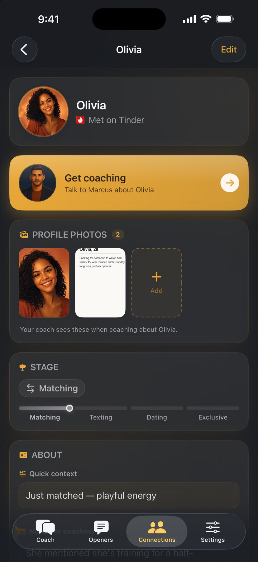 A connection profile — photo gallery of their dating-profile screenshots, a stage tracker from matching to exclusive, and quick context