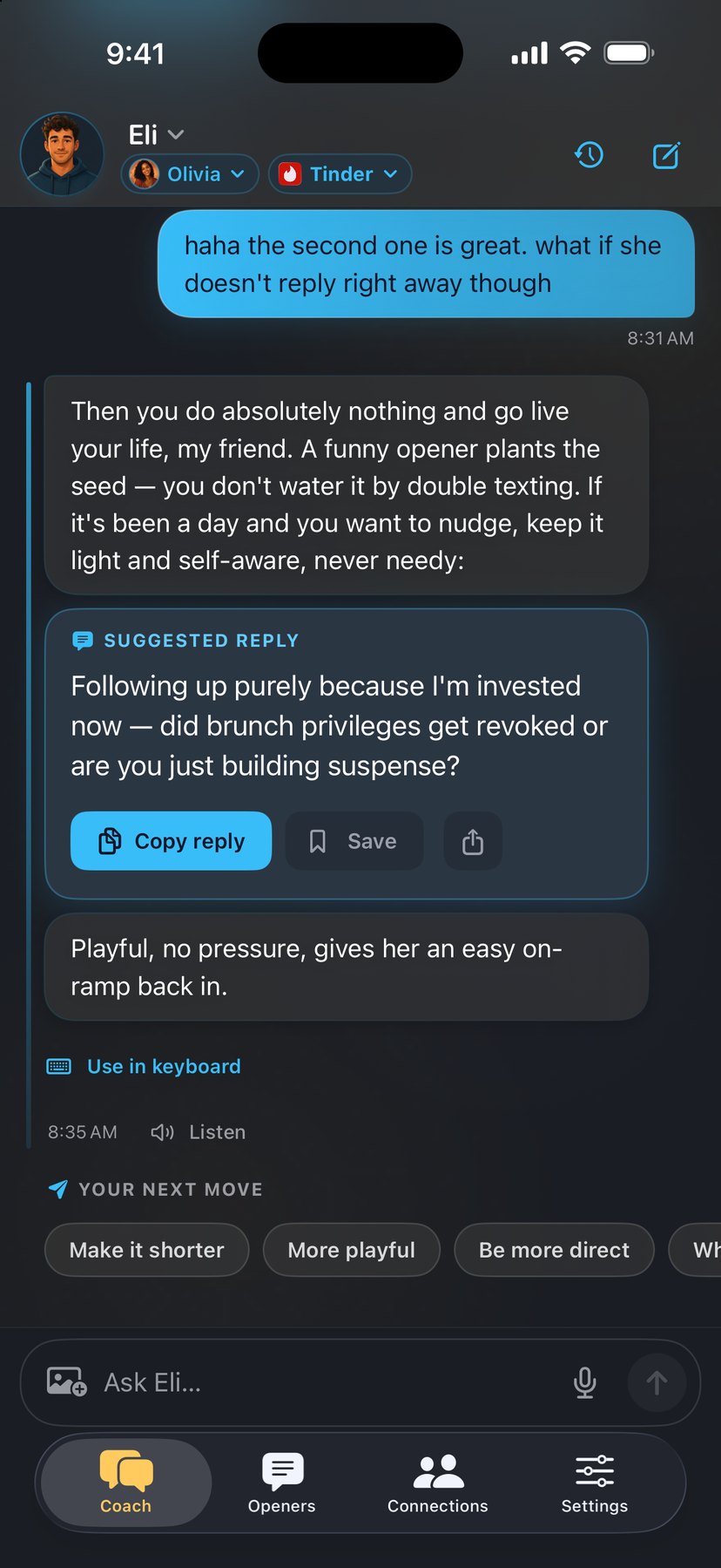 Eli talks you out of double-texting and suggests a light follow-up to copy if a day goes by