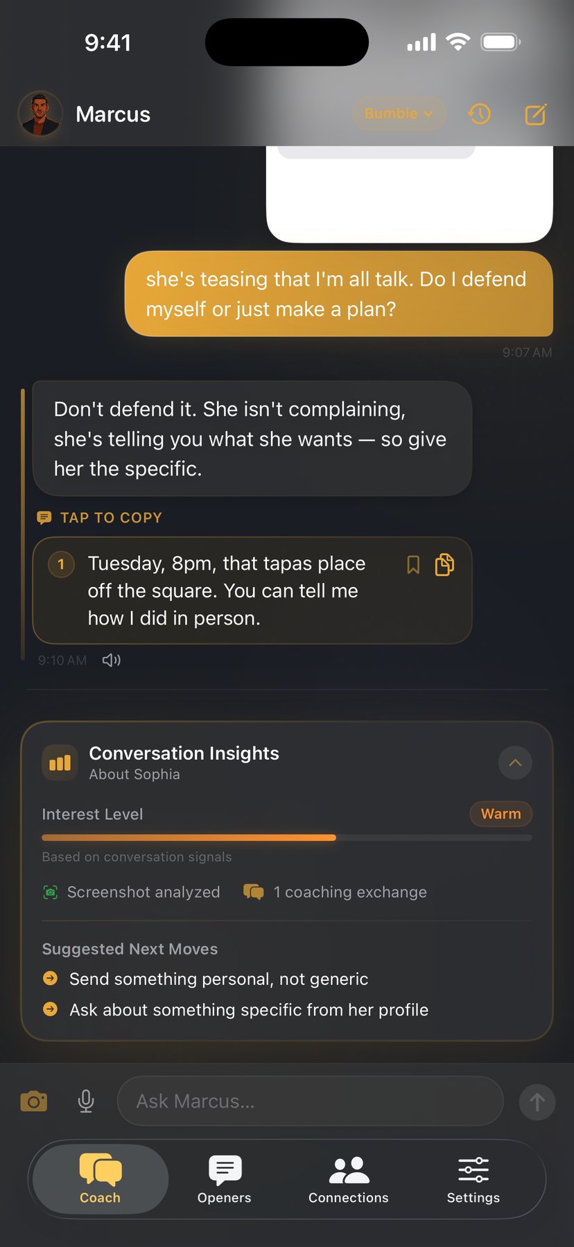 Marcus on a Bumble thread — a tap-to-copy date ask, and a Conversation Insights card reading the interest level as Warm based on conversation signals, with a screenshot-analyzed marker and two suggested next moves.