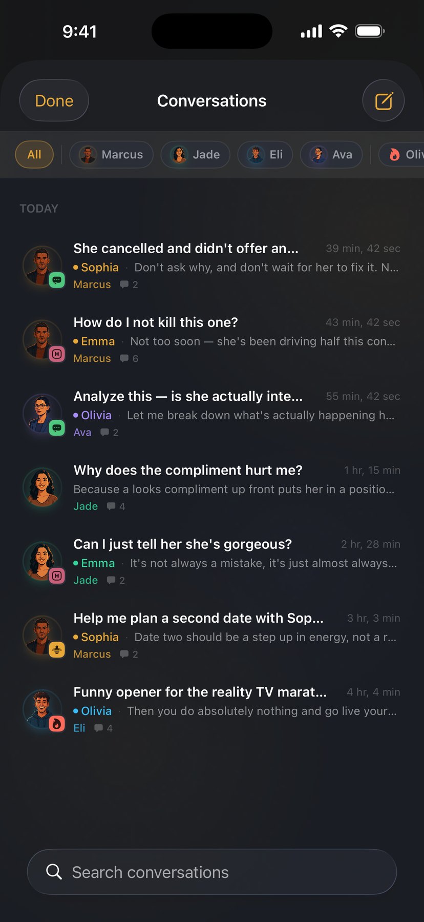 Conversation history across all four coaches in dark mode