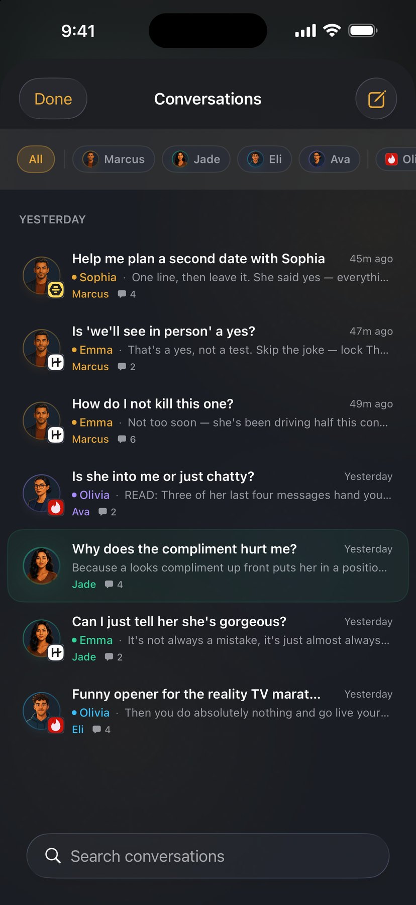 Conversation history across all four coaches in dark mode