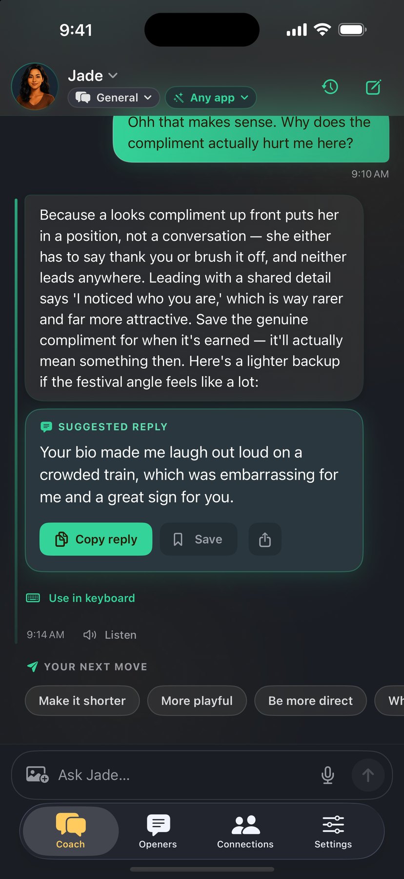 Jade explains why a looks-first compliment falls flat and rewrites it