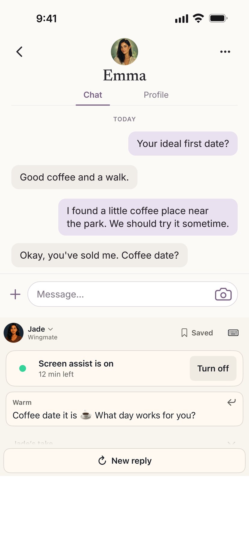 An example chat with Emma, with the Wingmate keyboard open below it: Jade is the selected coach, Screen assist is on with 12 minutes left, and one Warm suggestion reads Coffee date it is, what day works for you? above a New reply button