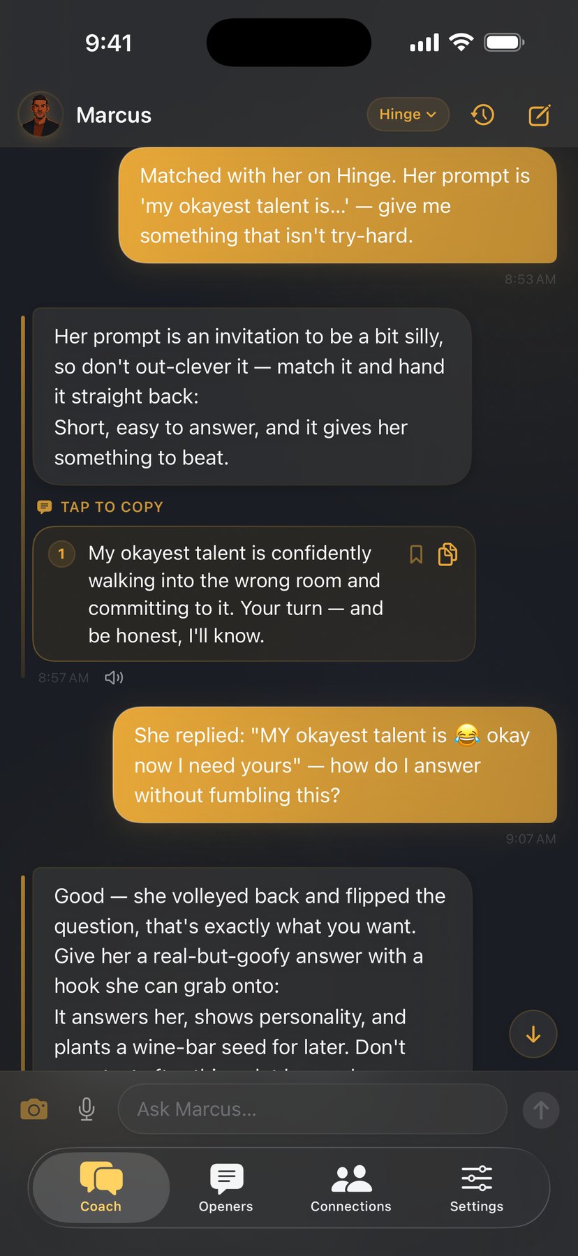 Marcus mid-conversation, handing you a tap-to-copy reply with the reasoning behind it